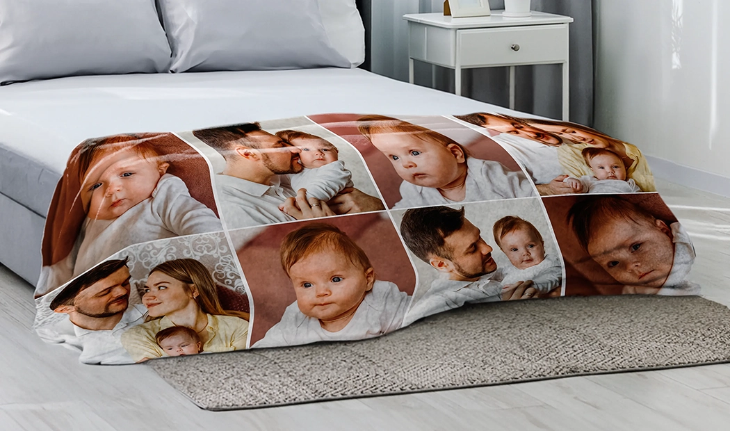 Manta de Foto Tacto Visón de Printerpix|Mantas Personalizadas|Manta de foto grande en cama doble con foto de niña|Imagen de manta de foto con comparación de tamaño|Imagen de collage en blanco y negro de manta de foto||||||