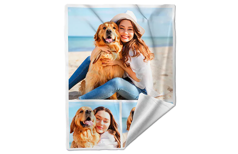 Manta de Fotos Mink Touch de Printerpix|Manta de fotos de Printerpix con fotos de la familia|Manta de fotos grande en cama doble con foto de niña|Imagen de manta de fotos con comparación de tamaño|Imagen de collage en blanco y negro de manta de fotos||||||
